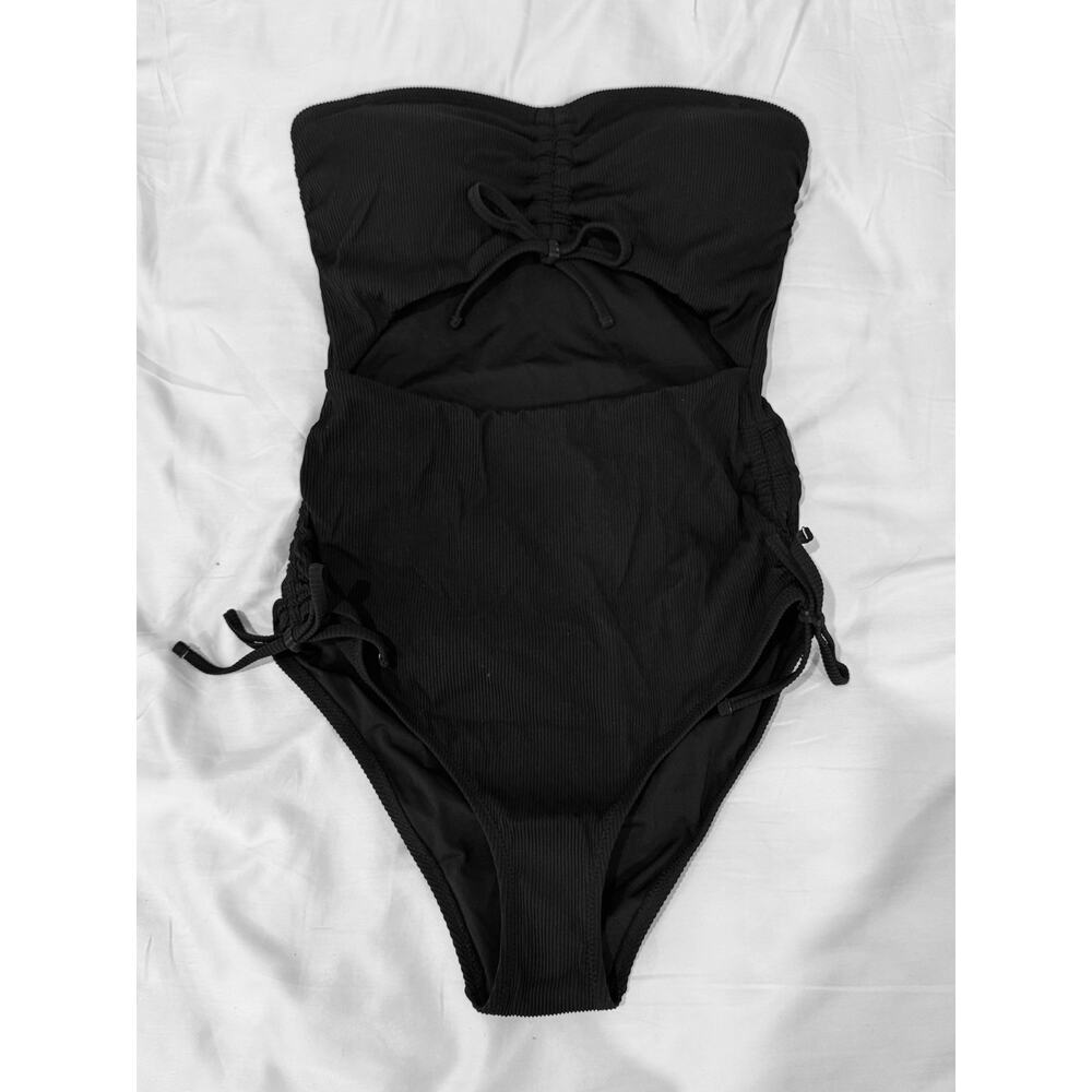 NEW aerie Ribbed One-Piece Full Coverage Cut Out Swim Suit - Black M (1420)